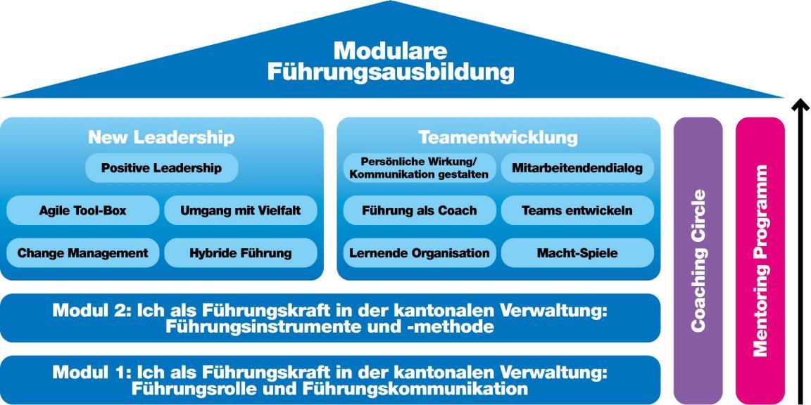 Zwei Basismodule («Ich als Führungskraft in der kantonalen Verwaltung: Führungsrolle und Führungskommunikation» sowie «Ich als Führungskraft in der kantonalen Verwaltung  Führungsinstrumente- und Methoden») sowie die Vertiefungsmodule in den Kategorien «New Leadership» sowie «Teamentwicklung» komplettieren zusammen mit dem «Coaching Circle» sowie dem «Mentoring Programm» die modulare Führungsausbildung.