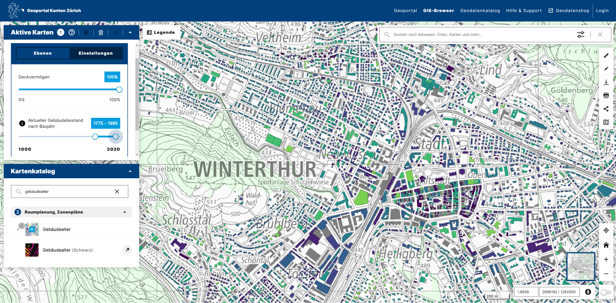 Detaillierter Aus-schnitt der Stadt Winterthur im neuen GIS-Browser