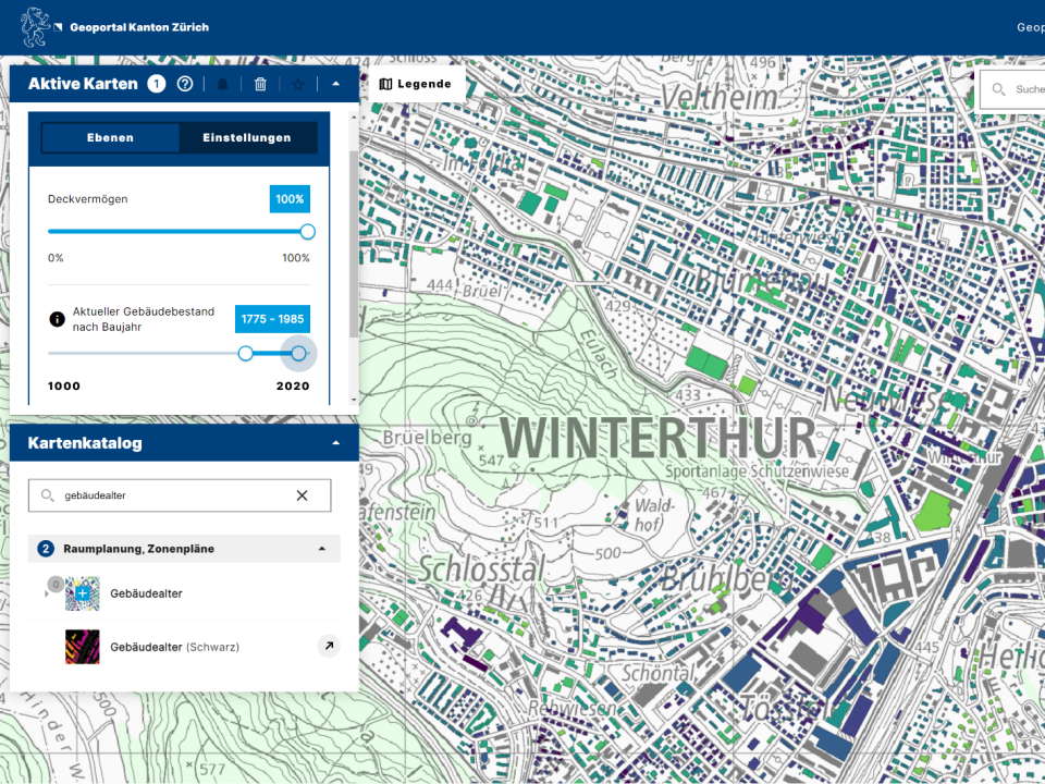 Detaillierter Aus-schnitt der Stadt Winterthur im neuen GIS-Browser