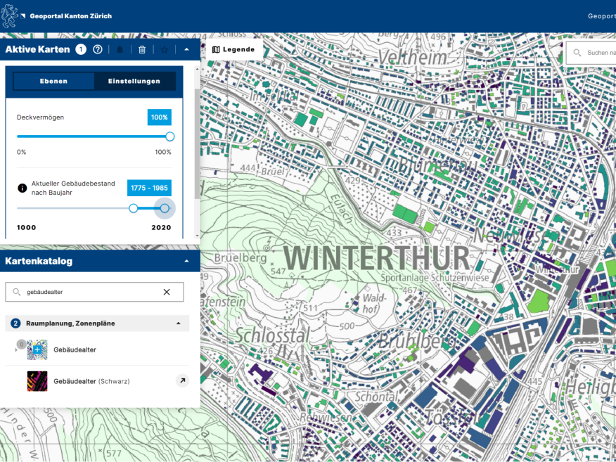 Detaillierter Ausschnitt der Stadt Winterthur im neuen GIS-Browser