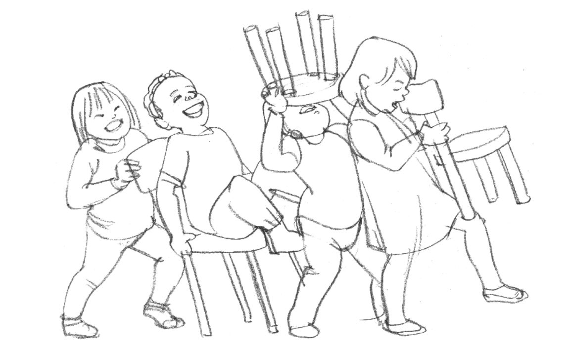 Bleistiftzeichung mit viel Kindern die mit drei Kinderstühlen spielen