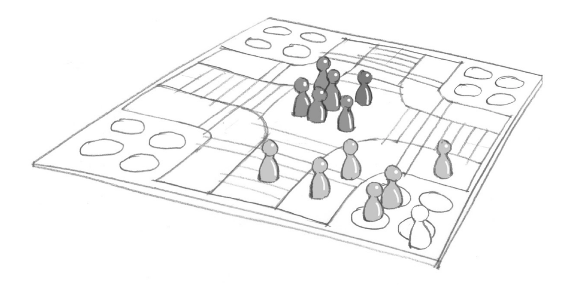 Bleistiftzeichnung von einem Spielbrett des Spiels «Eile mit Weile». 6 Spieler sind bereits im Ziel, 4 Spieler sind auf dem Weg und 3 Spieler stehen noch auf dem Startpunkt.