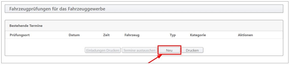 Printscreen des Terminplaners. Er zeigt den Butten um eine neue Fahrzeugprüfung zu buchen..