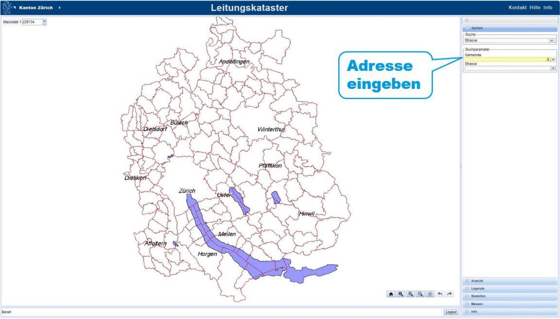 Karte des Kantons Zürich mit Suchfunktion als Startseite des Leitungskatasterportals