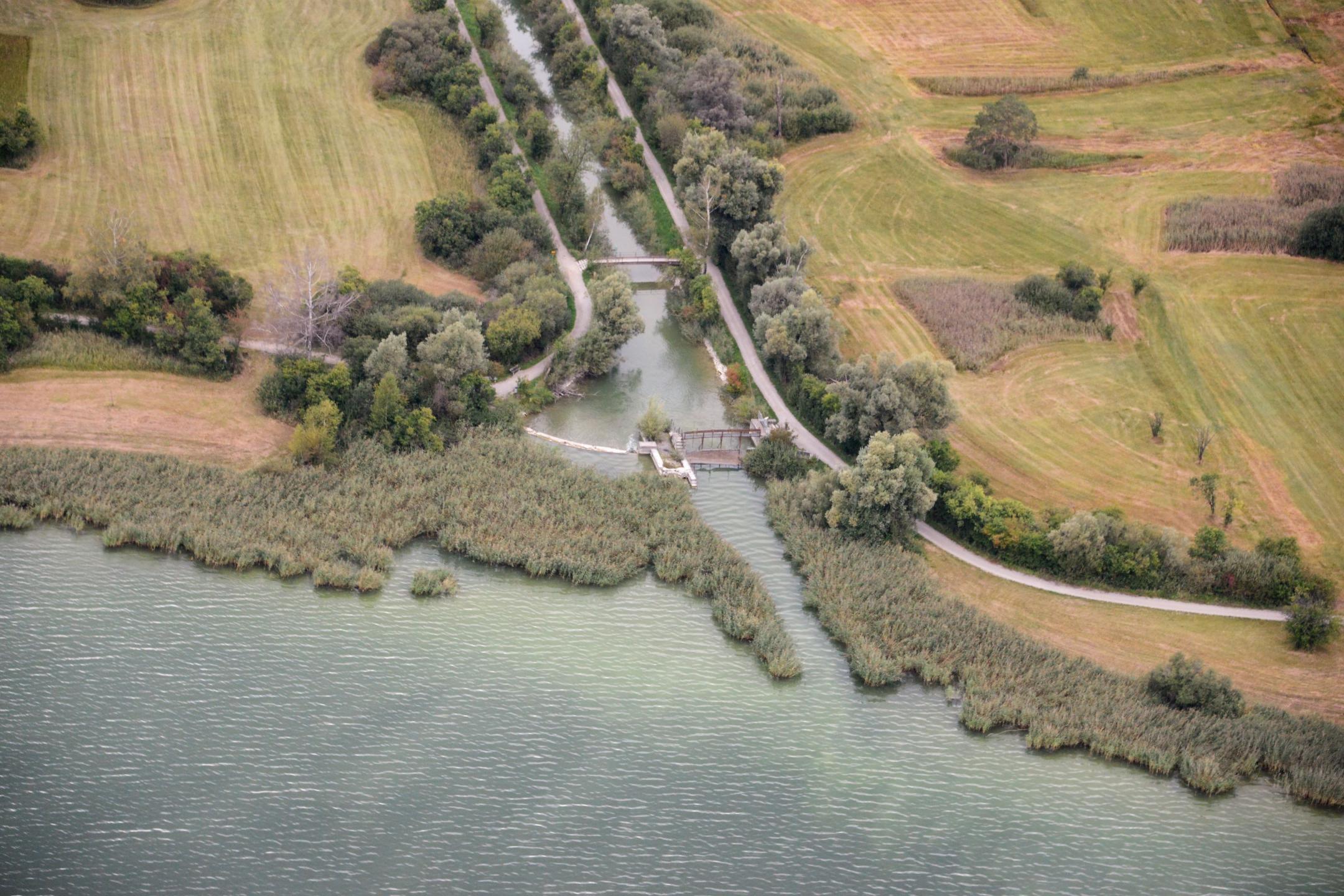 Luftaufnahme des Glattwehrs am Übergang des Greifensees in die Glatt.