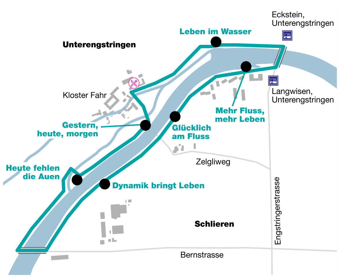 Plan des Verlaufs des Themenwegs von der Brücke Überlandstrasse in Schlieren flussaufwärts bis zur Brücke Engstringerstrasse, wo sich die öV-Haltestellen befinden