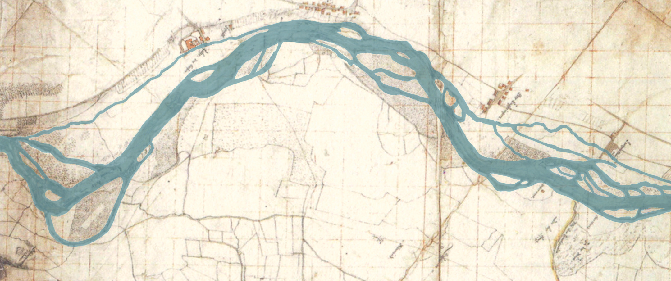Karte mit dem weit verzweigten, mäandrierenden Flusslauf der Limmat um das Jahr 1670.