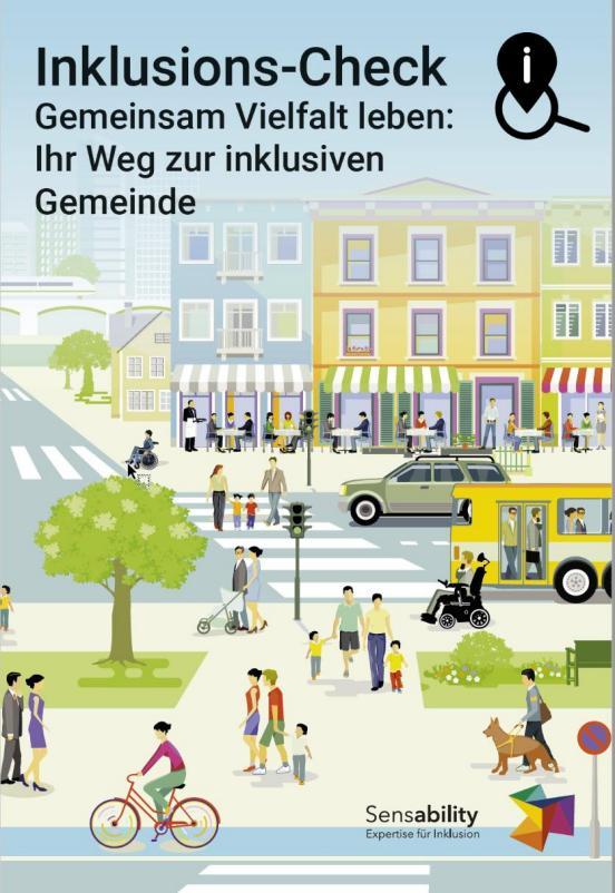 Zeichnung einer Stadtszene mit Gebäuden, Menschen, Fahrzeugen und Menschen mit und ohne Behinderungen