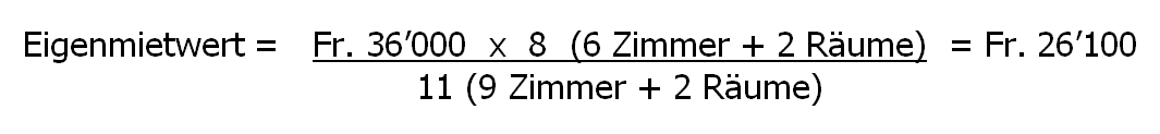 Formel Beispiel: Eigenmietwert ist gleich Sechsunddreissigtausend Franken multipliziert mit acht, in Klammer sechs Zimmer und 2 Räume Klammer geschlossen), geteilt durch 11,  in Klammer neun Zimmer und zwei Räume, Klammer geschlossen ergibt sechsundzwanzigtausendeinhundert Franken.