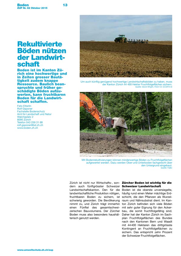 Zürcher Umweltpraxis 82: Rekultivierte Böden nützen der Landwirtschaft