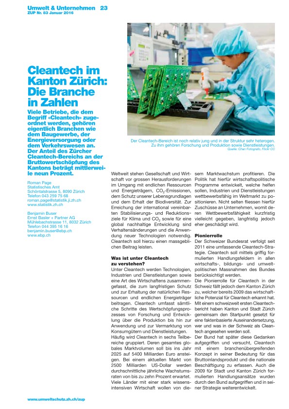 Zürcher Umweltpraxis 83: Cleantech im Kanton Zürich: Die Branche in Zahlen