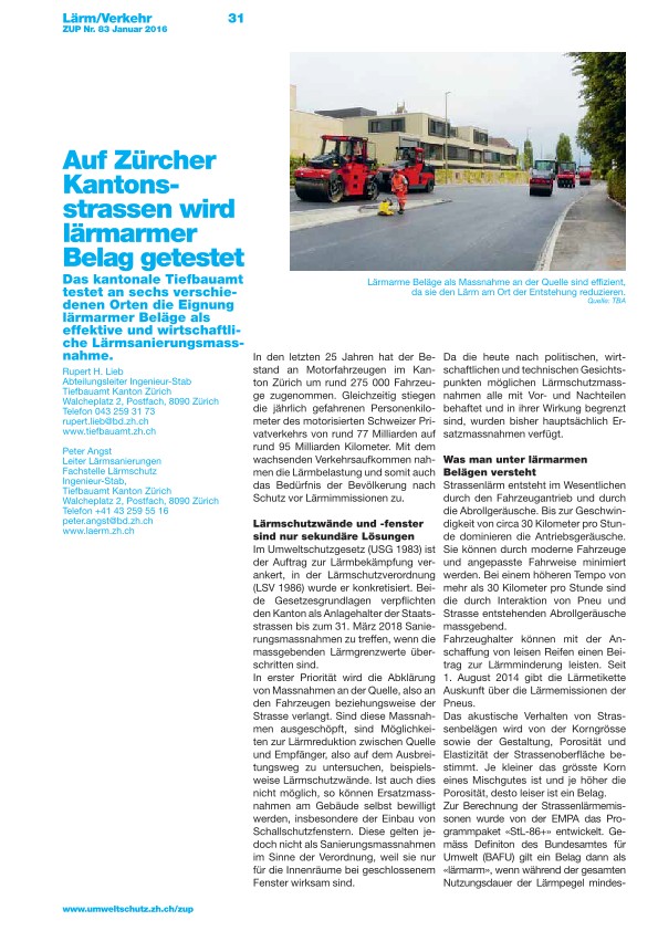 Zürcher Umweltpraxis 83: Auf Zürcher Kantonsstrassen wird lärmarmer Belag getestet