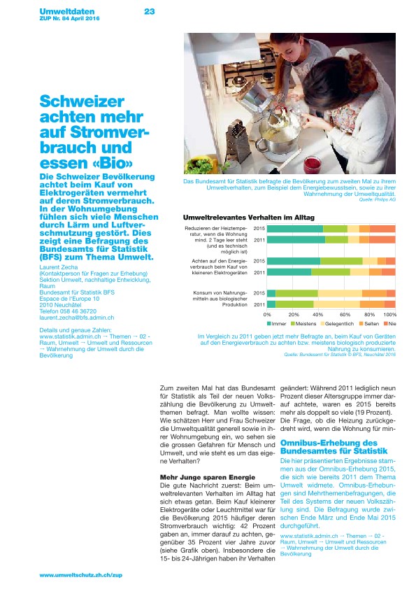 Zürcher Umweltpraxis 84: Schweizer achten mehr auf Stromverbrauch und essen "Bio"