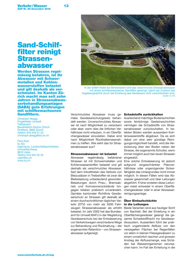 Zürcher Umweltpraxis 86: Sand-Schilffilter reinigt Strassenabwasser