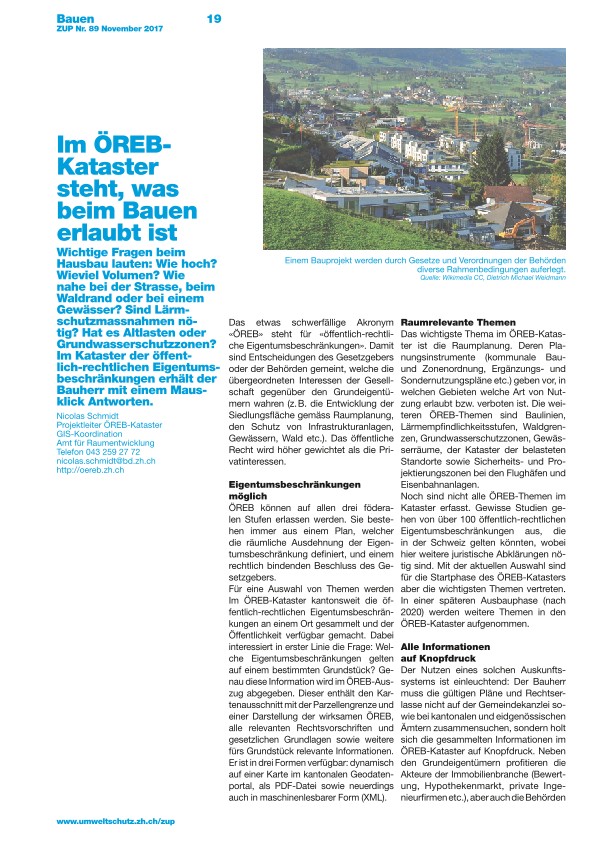 Zürcher Umweltpraxis 89: Im ÖREB-Kataster steht, was beim Bauen erlaubt ist, Raumplanung
