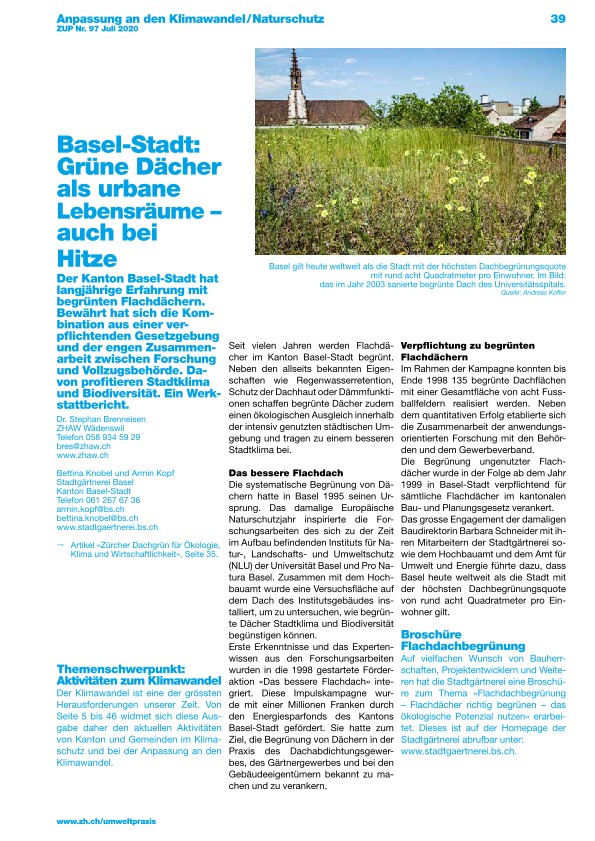 Zürcher Umweltpraxis 97: Basel-Stadt: Grüne Dächer als urbane Lebensräume - auch bei Hitze