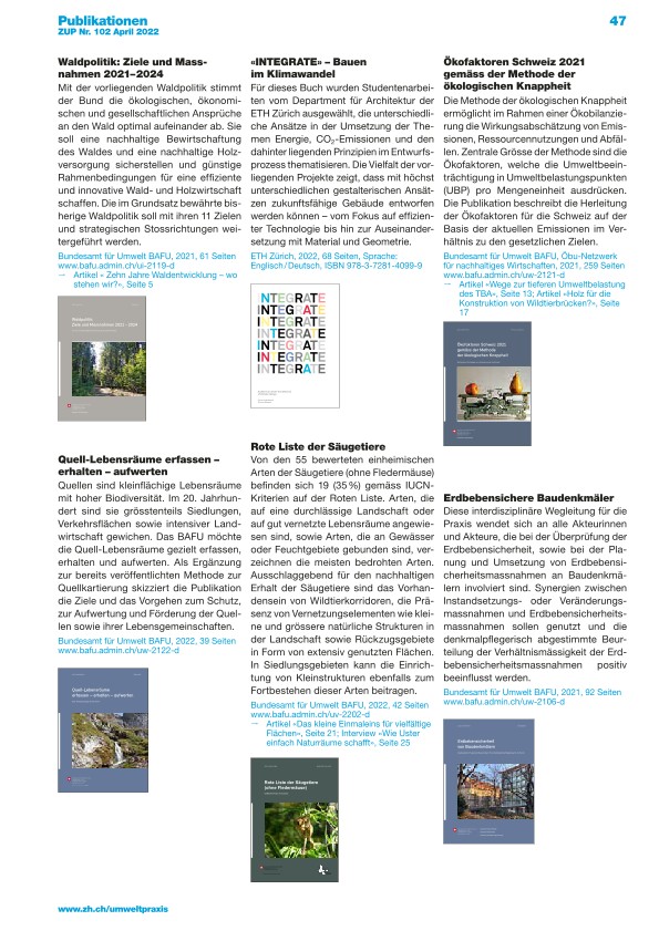  Zürcher Umweltpraxis und Raumentwicklung 102: Publikationen