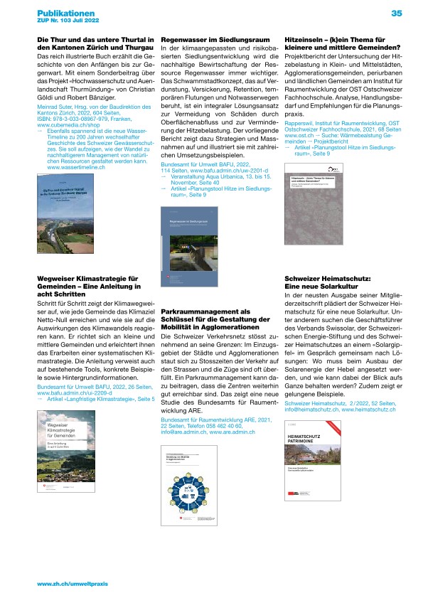  Zürcher Umweltpraxis und Raumentwicklung 103: Publikationen zu verschiedenen Umweltthemen