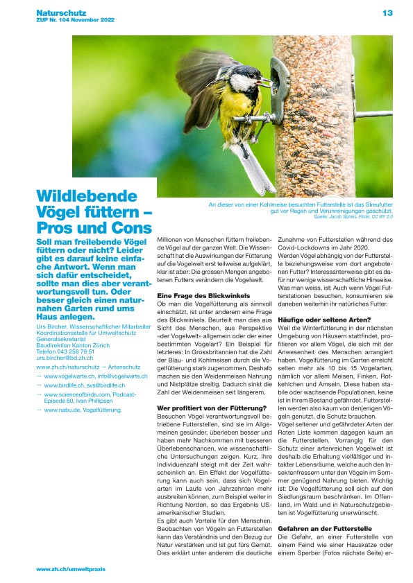   Zürcher Umweltpraxis und Raumentwicklung 104: Wildlebende Vögel füttern – Pros und Cons