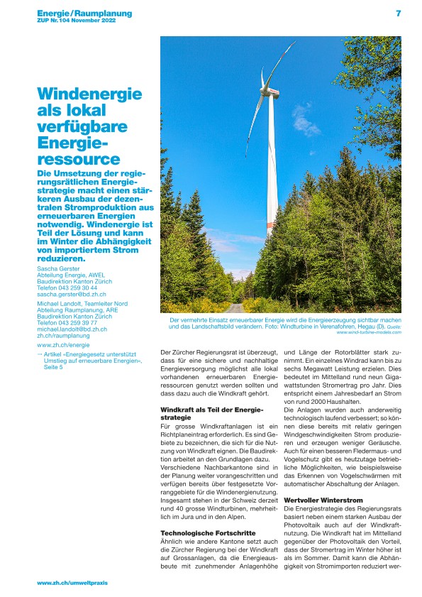   Zürcher Umweltpraxis und Raumentwicklung 104: Windenergie als lokal verfügbare Energieressource