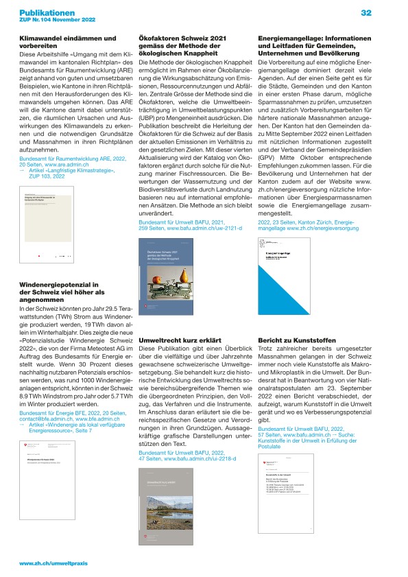   Zürcher Umweltpraxis und Raumentwicklung 104: Publikationen zu verschiedenen Umweltthemen