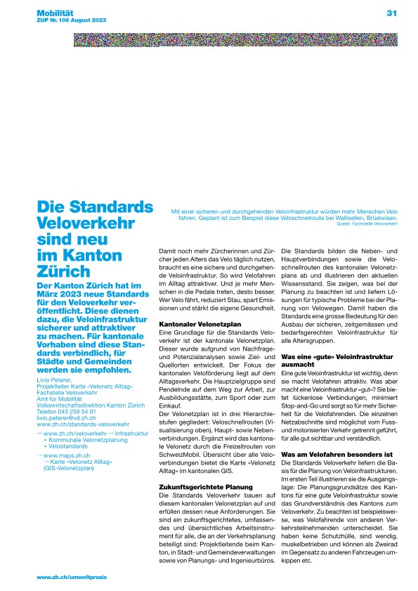 Zürcher Umweltpraxis und Raumentwicklung 106: Neue Standards für Veloverkehr im Kanton Zürich