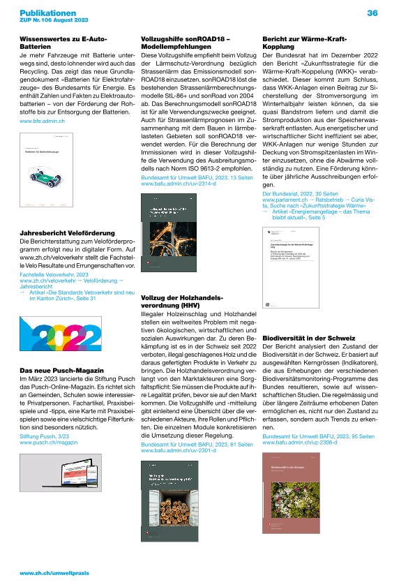 Zürcher Umweltpraxis und Raumentwicklung 106: Publikationen zu verschiedenen Umweltthemen