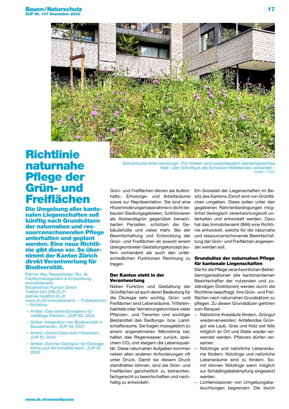 Zürcher Umweltpraxis und Raumentwicklung 107: Naturnahe Umgebungspflege bei Kantonsgebäuden