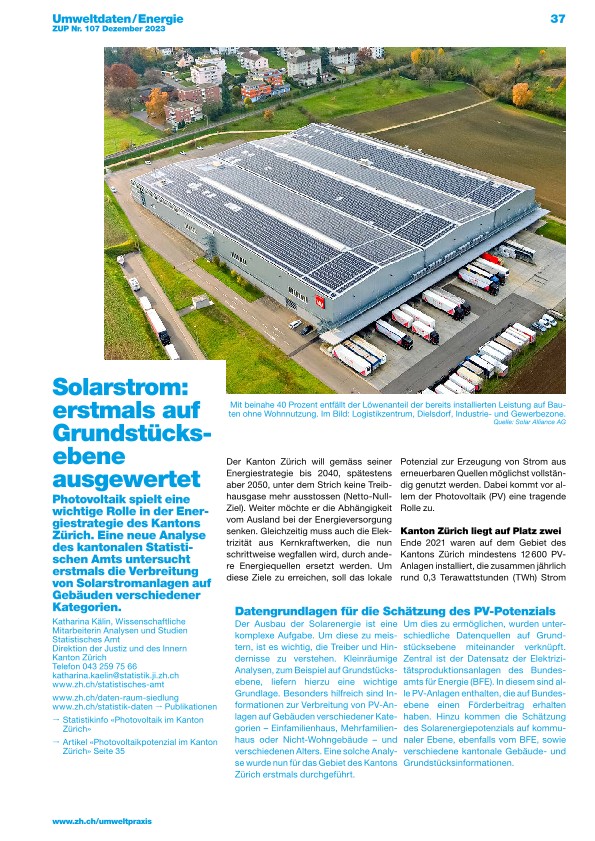 Zürcher Umweltpraxis und Raumentwicklung 107: Auswertung zu Photovoltaikanlagen im Kanton 