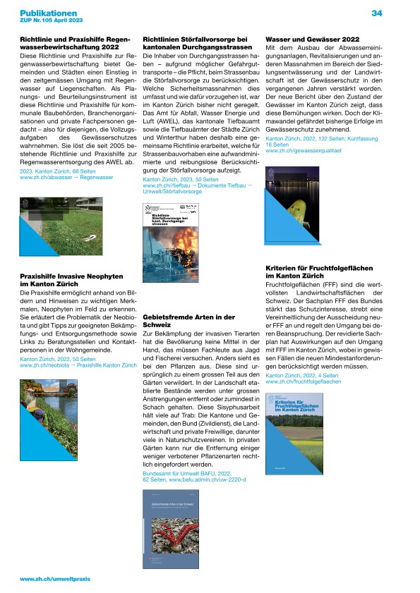 Zürcher Umweltpraxis und Raumentwicklung 105: Publikationen zu verschiedenen Umweltthemen