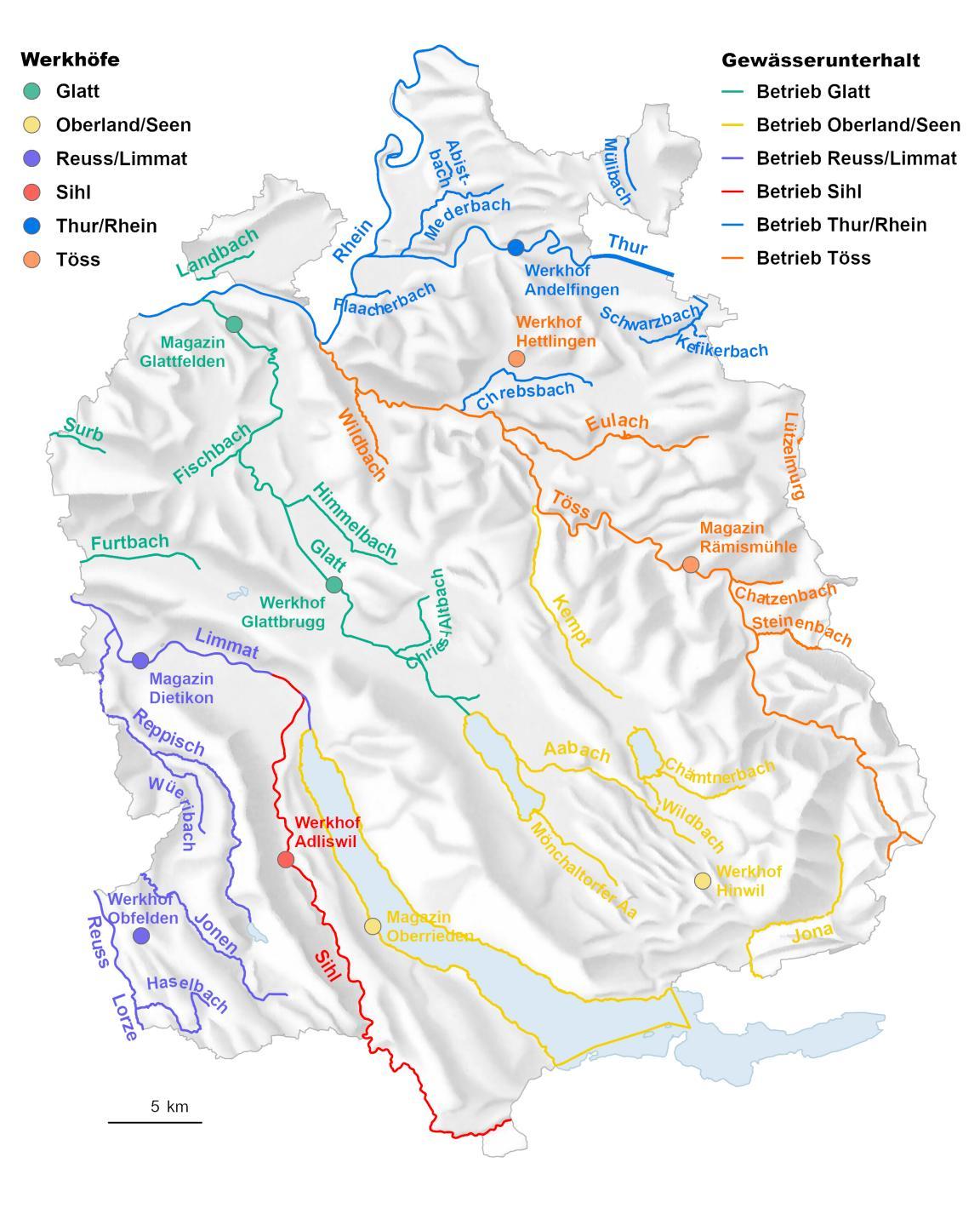 Die Karte zeigt die Gebietseinteilung des Gewässerunterhalts.